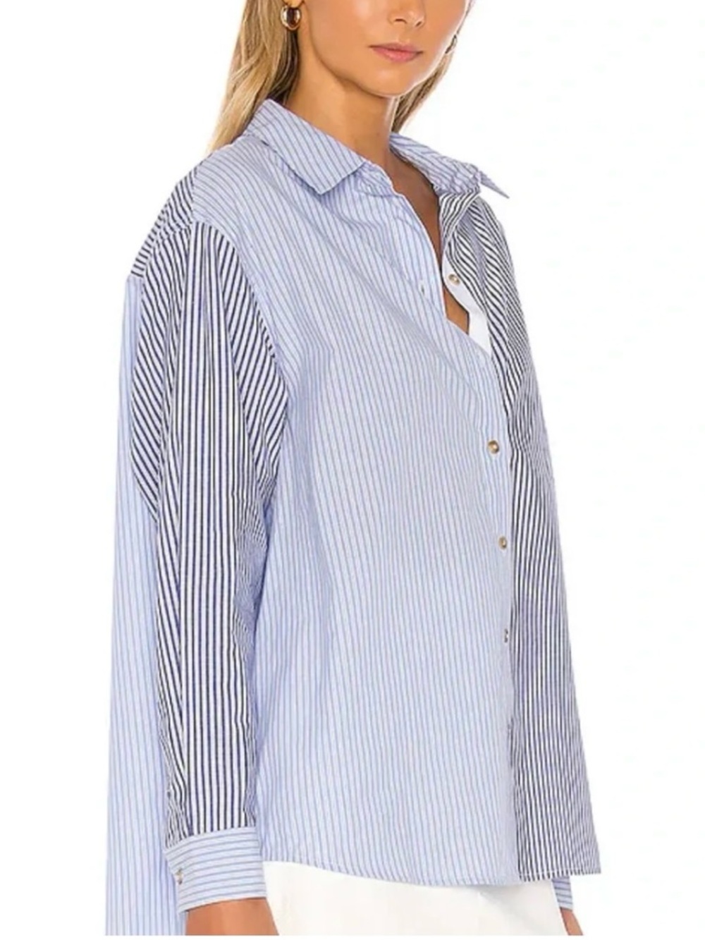 L'Academie Los Angeles Blue White Mixed Stripe Cotton Buttondown Shirt Size XS